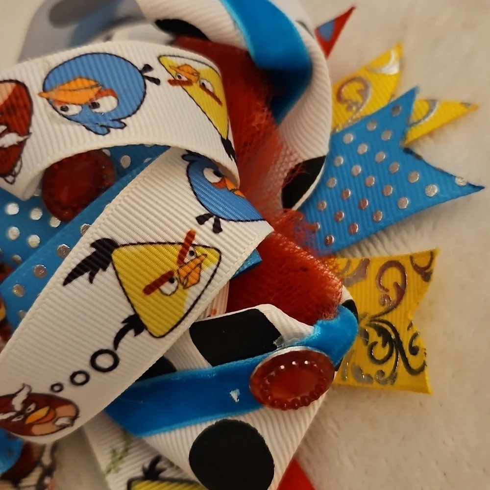 Vtg HANDMADE Large Colorful Angry Bird Cartoon Character Hair Bow Clip